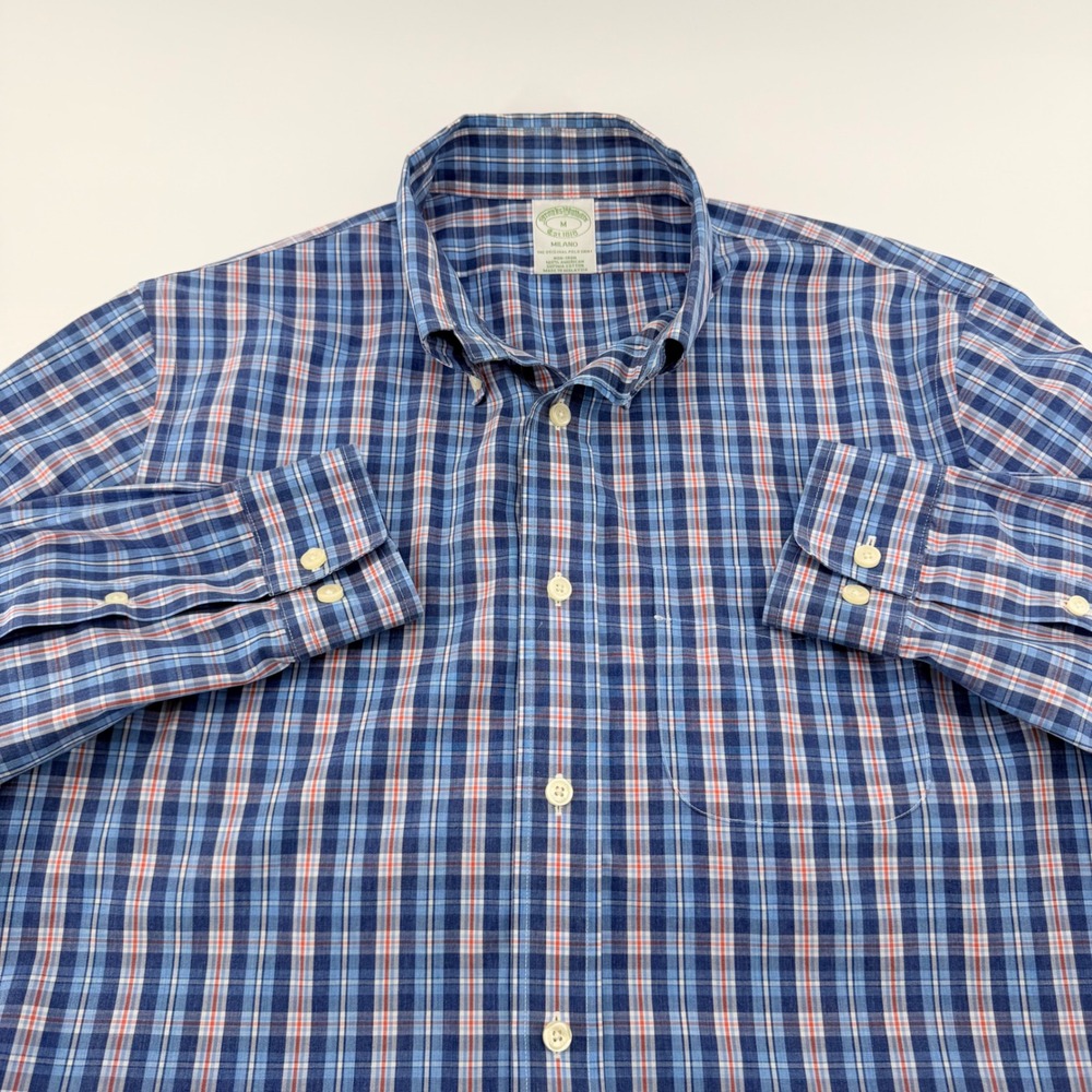 Brooks Brothers Milano Fit Non-Iron Plaid Button Down Shirt M Blue Orange